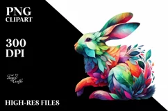Vibrant Watercolor Rabbit with Plant Leaves, PNG Product Image 3