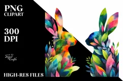 Vibrant Watercolor Rabbit with Plant Leaves, PNG Product Image 1