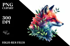 Vibrant Watercolor Fox with Plant Leaves, PNG Product Image 1