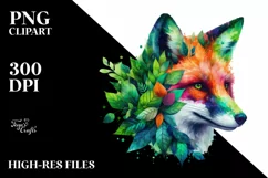 Vibrant Watercolor Fox with Plant Leaves, PNG Product Image 3