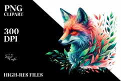 Vibrant Watercolor Fox with Plant Leaves, PNG Product Image 1