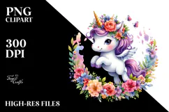 Jumping Baby Unicorn with Floral Wreath, Transparent PNG Product Image 2