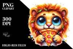 Vibrant Watercolor Lion with Pizza Slice, Transparent PNG Product Image 2