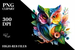 Vibrant Watercolor Owl with Flowers, PNG Product Image 3