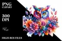 Vibrant Watercolor Owl with Flowers PNG Product Image 1