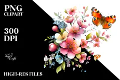 Butterfly with Spring Flowers Painting, PNG Product Image 2