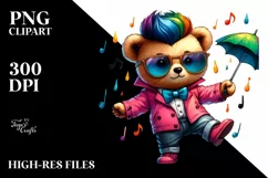 Cute Baby Bear Dancing with Raincoat and Umbrella PNG Product Image 1