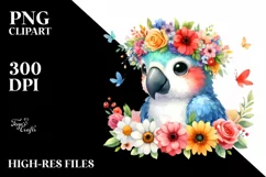 Watercolor Macaw with Flower Crown PNG Product Image 1