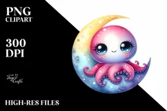 Baby Octopus Moon Watercolor Clipart Product Image 3