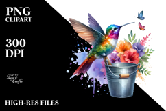 Vibrant Hummingbird in Bucket Watercolor Clipart Product Image 2