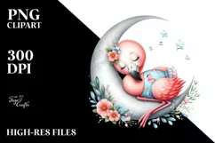 Cute Baby Flamingo Sleeping on Moon | Clipart Product Image 3