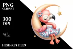 Cute Baby Flamingo Sleeping on Moon | Clipart Product Image 1
