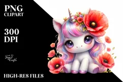Cute Unicorn with Poppy Watercolor Product Image 3