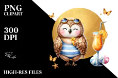 Owl in Beachwear with Cocktail PNG Product Image 2