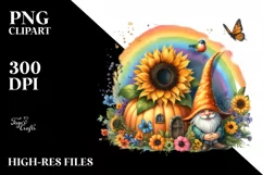 Gnome House with Large Pumpkin in Sunflower Field | Product Image 1