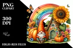 Gnome House with Large Pumpkin in Sunflower Field | Product Image 1