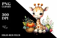 Baby Giraffe Holding Basket of Autumn Vegetables | Product Image 1