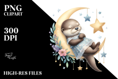 Baby Otter Sleeping on Moon | Clipart Product Image 2