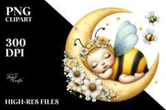 Whimsical Baby Bee Sleeping on Moon Clipart Product Image 2