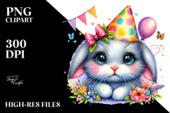 Vibrant Watercolor Rabbit with Party Hat, Transparent PNG Product Image 2