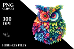 Vibrant Watercolor Owl with Plant Leaves PNG Product Image 2