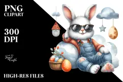 Watercolor Happy Bunny in Farm Jeans PNG Product Image 2