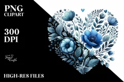 Blue Floral Heart Watercolor PNG Product Image 2