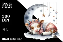 Baby Cow Sleeping on Moon Watercolor Clipart Product Image 1