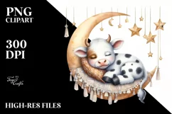 Watercolor Boho Baby Cow Sleeping on Moon Clipart Product Image 3