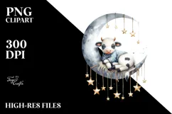 Watercolor Boho Baby Cow Sleeping on Moon Clipart Product Image 2