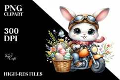 Easter Bunny on a Motorbike With Eggs Flower, Clipart Product Image 1