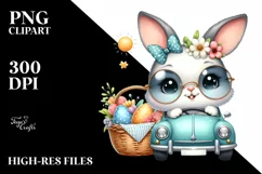 Easter Bunny Driving a Green Car Egg Flower Sun , Clipart Product Image 8