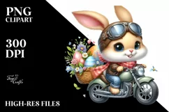 Easter Bunny Driving a Retro Motorcycle Egg Flower, Clipart Product Image 1