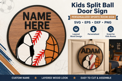 Kids Sports Door Sign SVG | Customize Split Ball Name Product Image 1