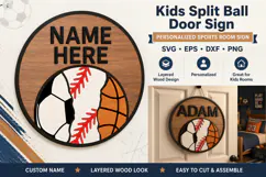 Kids Sports Door Sign SVG | Customize Split Ball Name Product Image 1