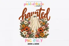 Digital ghost graphic combining a soft cream sheet ghost with a colorful fall flower garden and bold handwritten “haunted” lettering in warm rust orange.