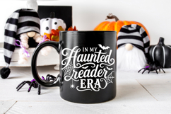 Black and white Halloween reader design that says “In My Haunted Reader Era” with bold lettering, bats, spider webs, and a hanging spider.