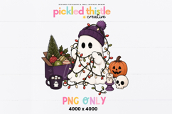 Holiday ghost clipart featuring a ghost in a knit winter hat wrapped in Christmas lights. Includes seasonal decor blending Halloween and Christmas themes.