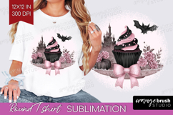 Spooky Cupcake Cute Round Tshirt Background Pink Halloween Product Image 1