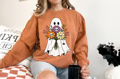 Spooky cute ghost illustration holding colorful flowers with skull accents. Perfect blend of Halloween charm and floral aesthetic.
