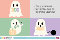 Multiple pastel ghosts holding pumpkins, candles, and books, showing product details about PNG transparency and versatility.