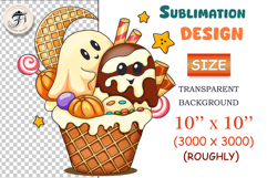 Funny kawaii Halloween ghost in ice cream cone with sweets and pumpkin. Cute spooky clipart for sublimation designs, invitations, scrapbooking, and Halloween t-shirts.