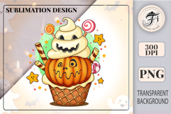Spooky cute jack-o’-lantern ice cream with bat, candy cane and lollipops. High-quality Halloween PNG for sublimation, stickers, party printables and crafts.
