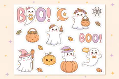 Printable Halloween sticker sheet with kawaii ghosts, smiling pumpkins, pastel BOO lettering, crescent moon, autumn leaves and spiderweb. Cute pastel Halloween clipart with white cut outlines, perfect for print and cut projects, scrapbooks and crafts.