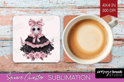 Spooky Ghost Cute Square Coaster Pink Halloween Coaster PNG Product Image 1