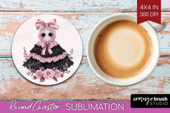 Spooky Ghost Cute Round Coaster Pink Halloween Coaster PNG Product Image 1