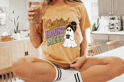 Spooky girl ghost design with a messy hairstyle, Halloween bow, and vintage-inspired lettering in muted orange, purple, and sage green.