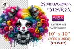 Colorful clown girl with red nose, black lipstick, and curly rainbow hair. Artistic and spooky, perfect for Halloween or circus-themed projects.