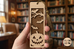 Spooky Halloween Bookmark, Laser Cut Wooden Pumpkin &amp; Bats Product Image 1