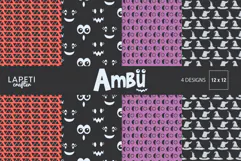 Four Halloween digital papers with spooky faces witch hats crescent moons and geometric patterns